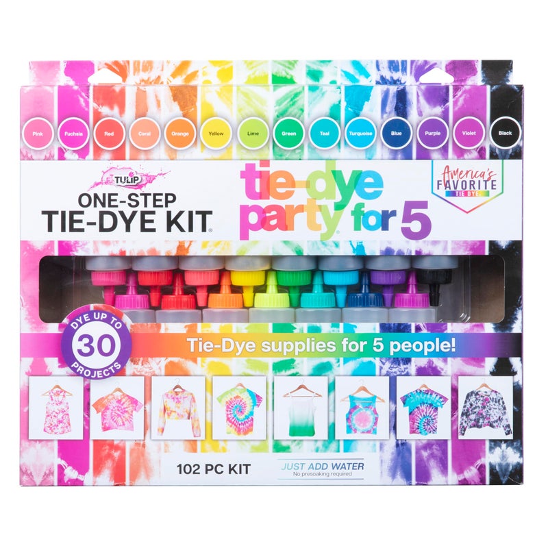 Tulip One-Step Tie-Dye Kit Party for 5, Large Party Activity, Arts & Crafts Gift, Vibrant Colors, Permanent Fabric Dye, Easy Clean-up, 8 Fun Techniques Included, 15 Prefilled Full Size Bottles - Image 1